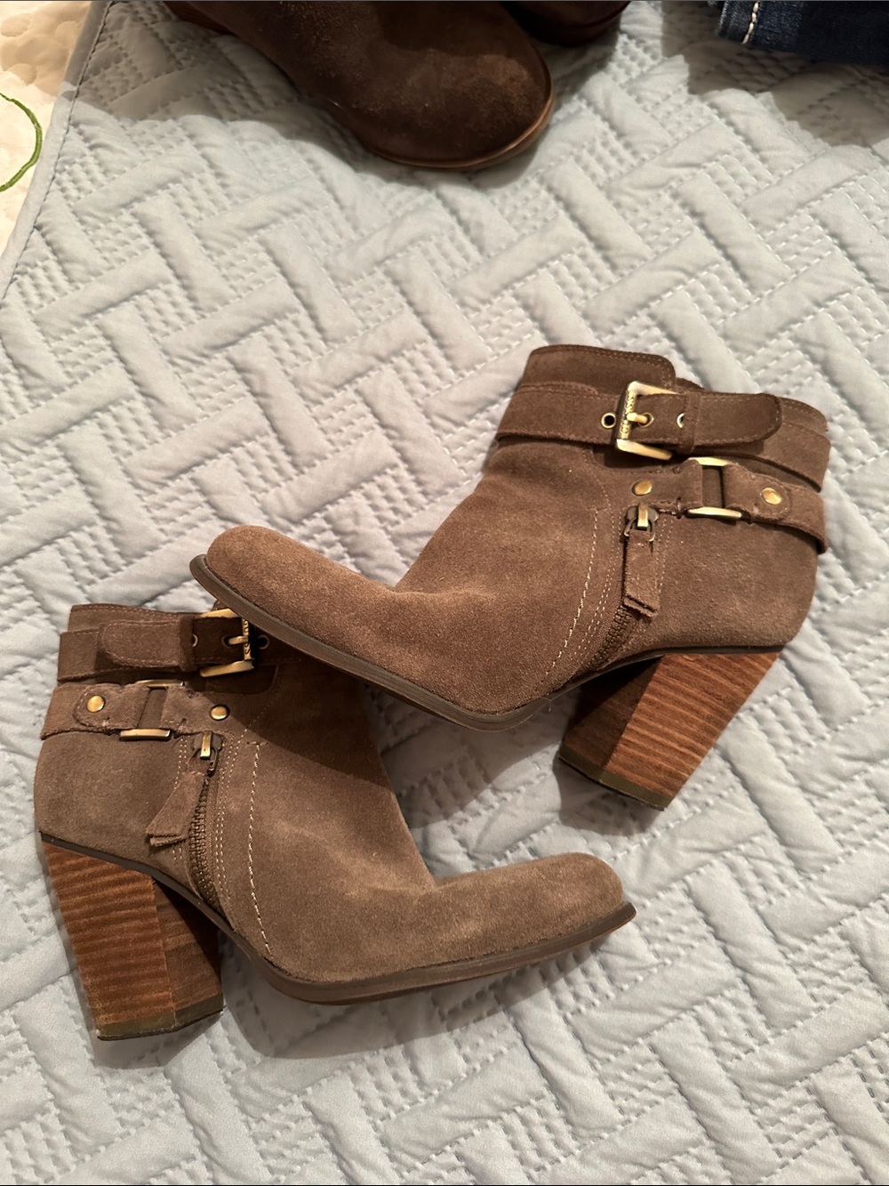 Guess Taupe Suede Ankle Booties with Buckle Accents